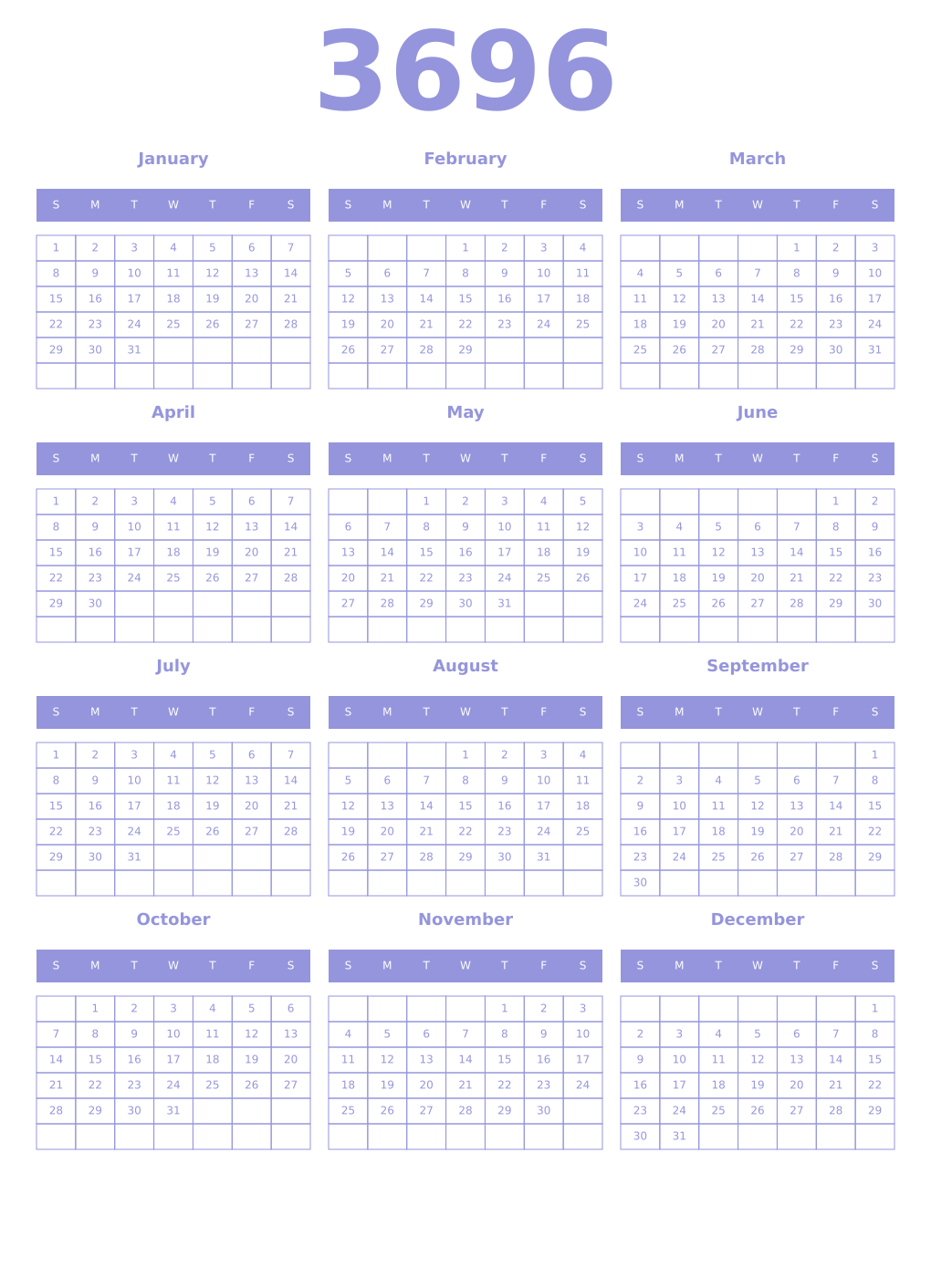 Printable 3696 Year Calendars periwinkle