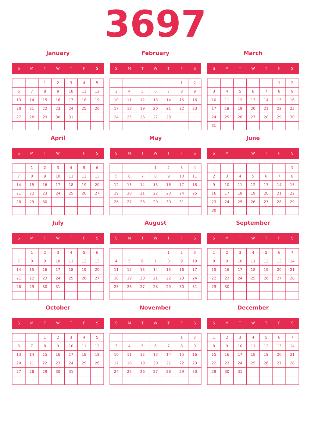 Printable 3697 Year Calendars amaranth