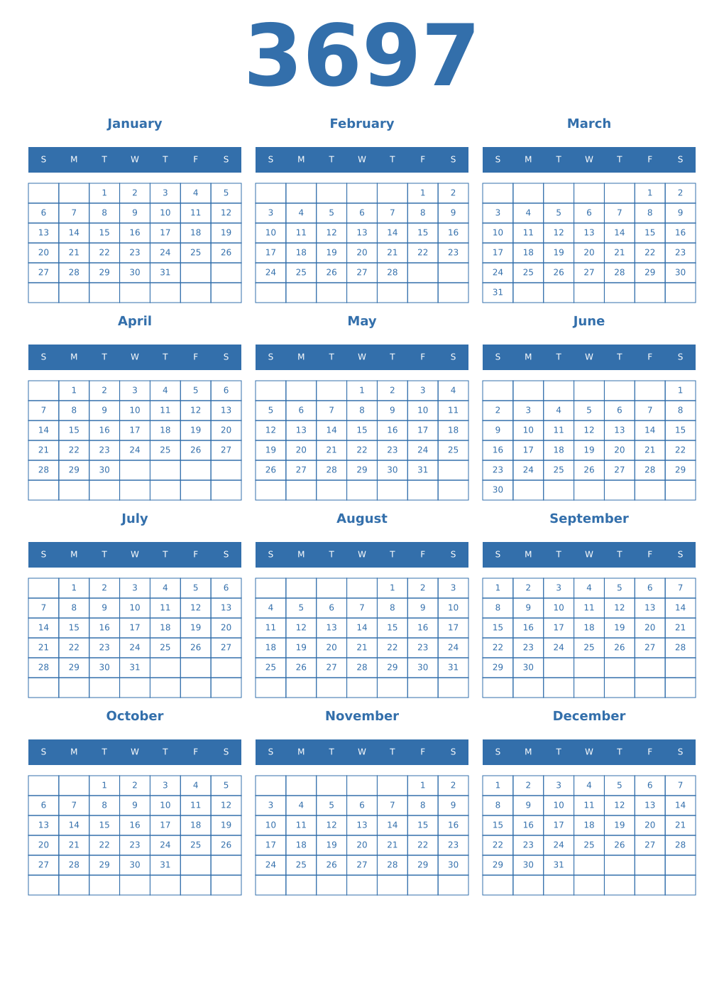 Printable 3697 Year Calendars blue
