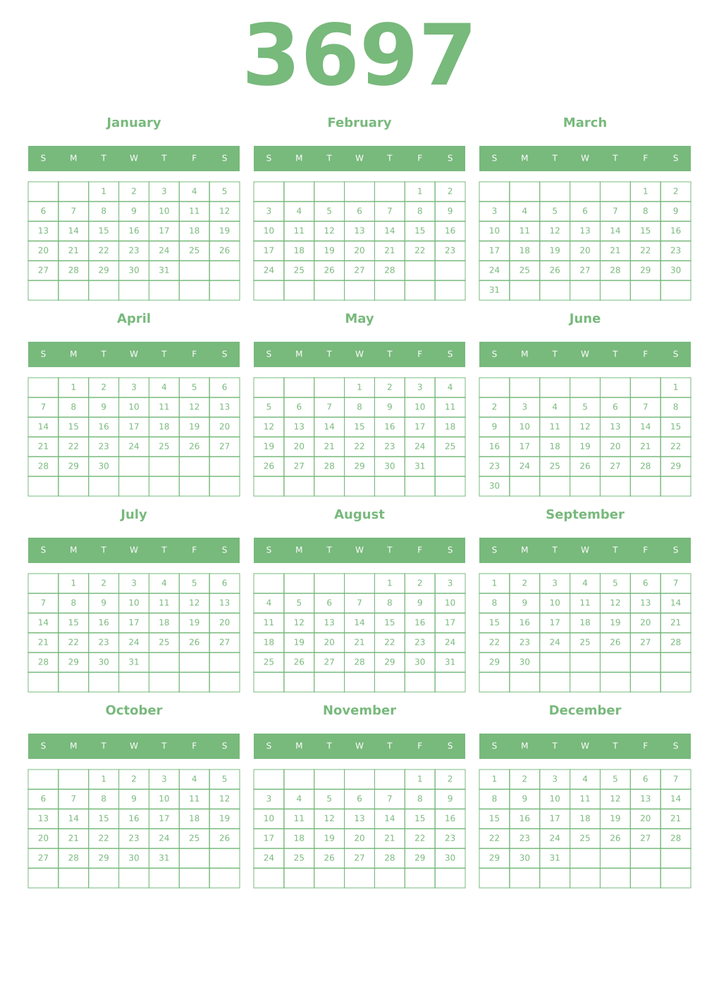 Printable 3697 Year Calendars celadon