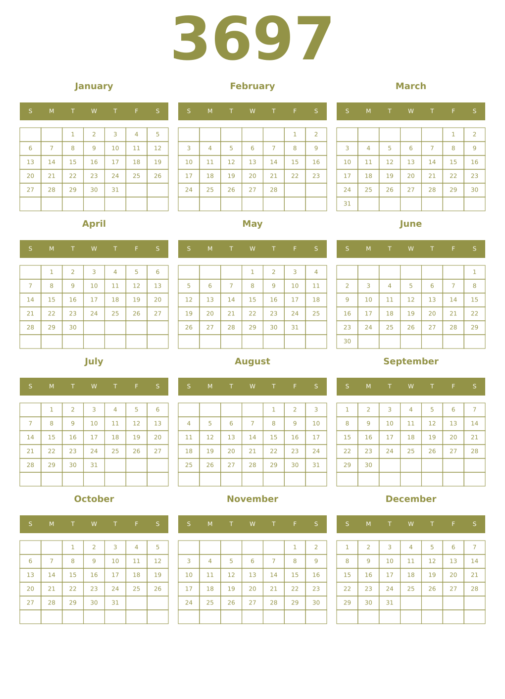 Printable 3697 Year Calendars eburnean