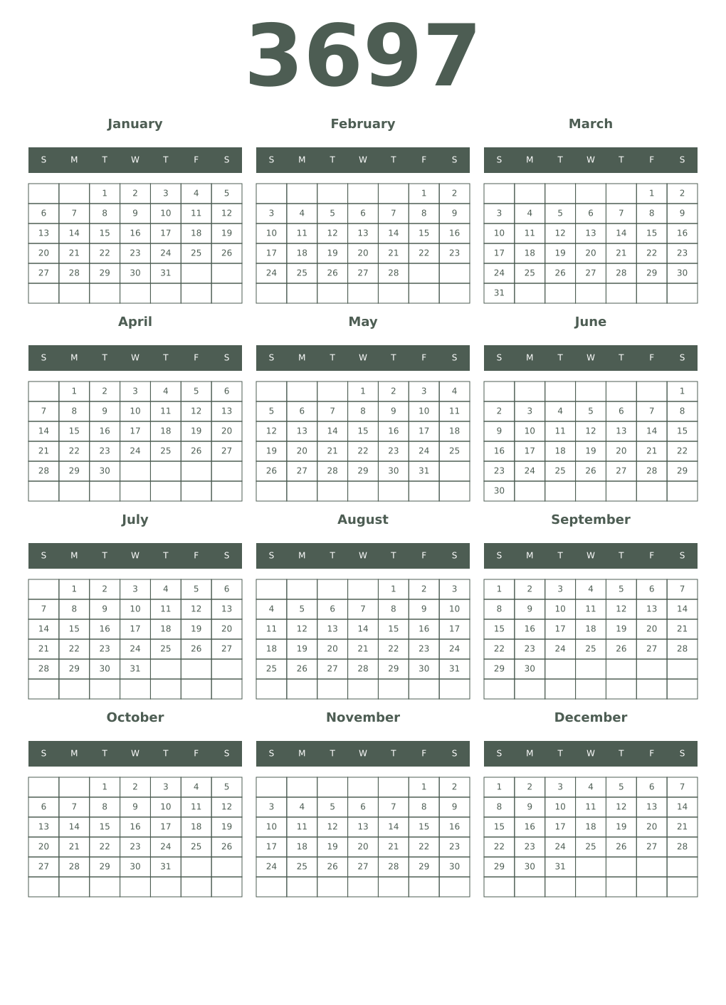 Printable 3697 Year Calendars feldgrau