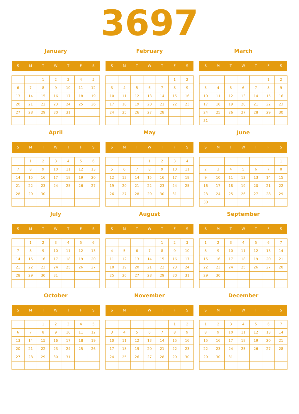 Printable 3697 Year Calendars gamboge