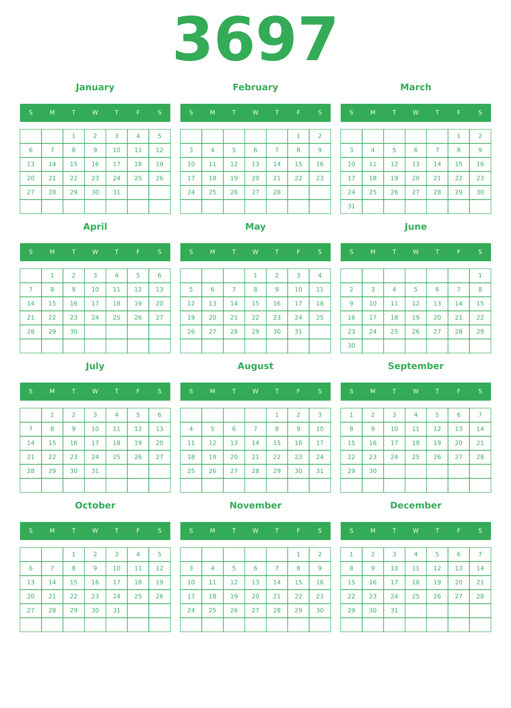 Printable 3697 Year Calendars green