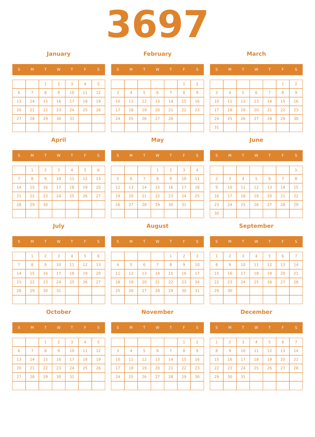 Printable 3697 Year Calendars orange