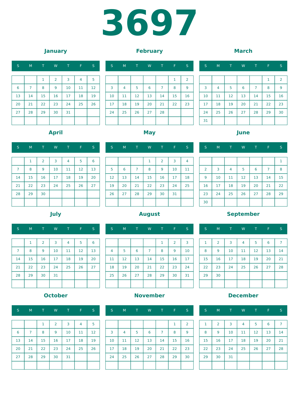 Printable 3697 Year Calendars pastel
