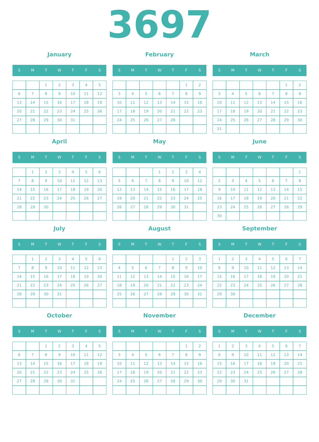 Printable 3697 Year Calendars verdigris
