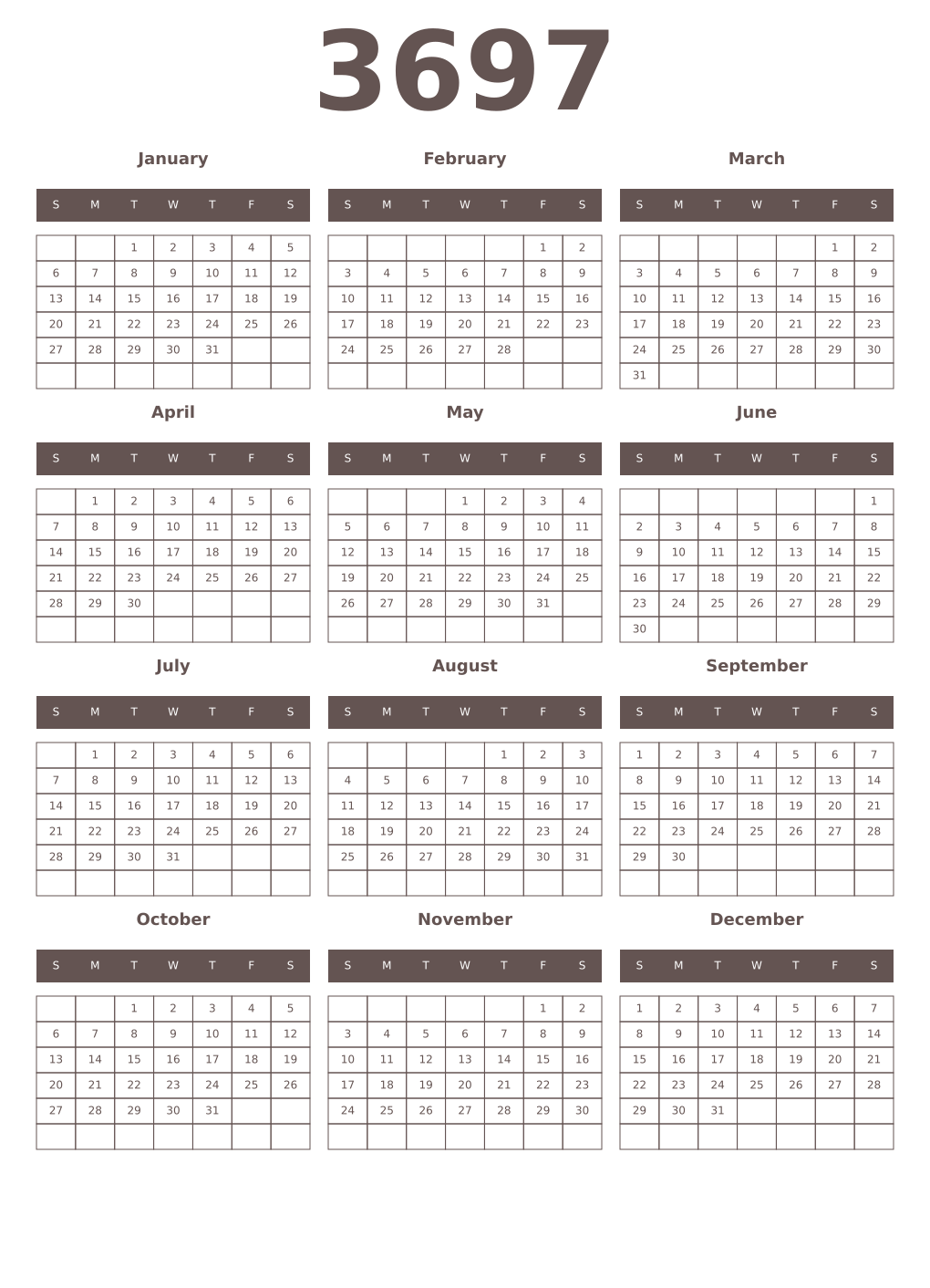 Printable 3697 Year Calendars wenge