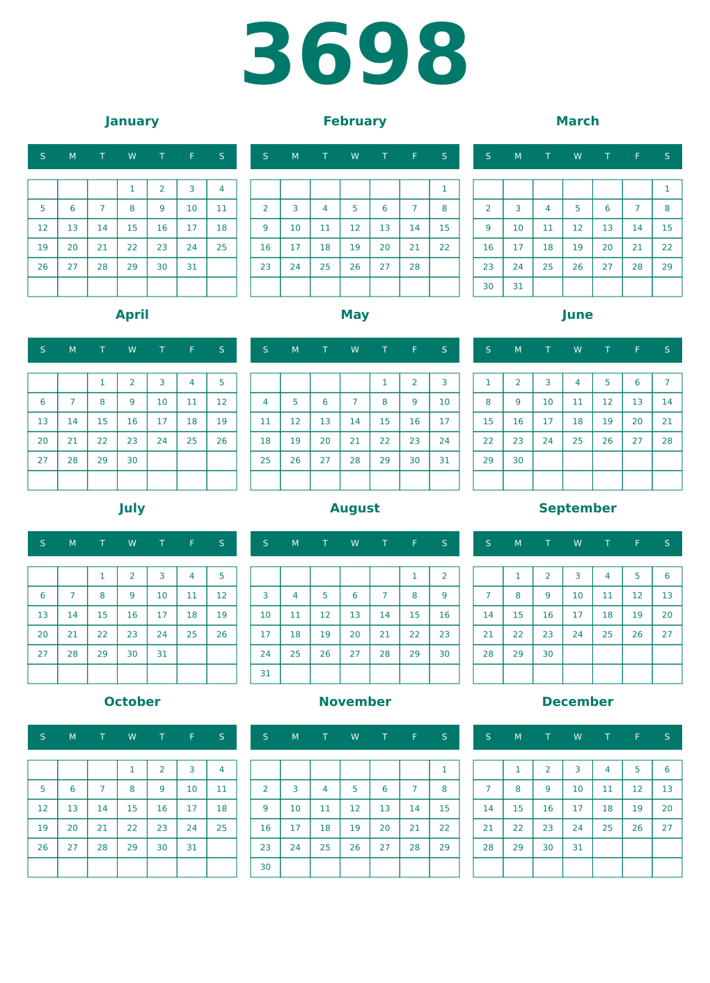 Printable 3698 Year Calendars pastel
