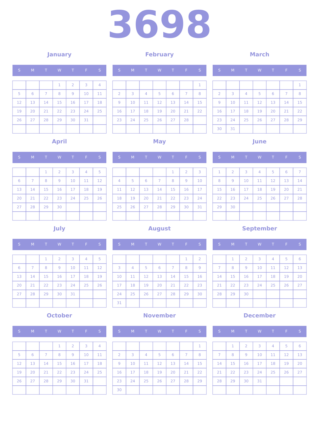 Printable 3698 Year Calendars periwinkle