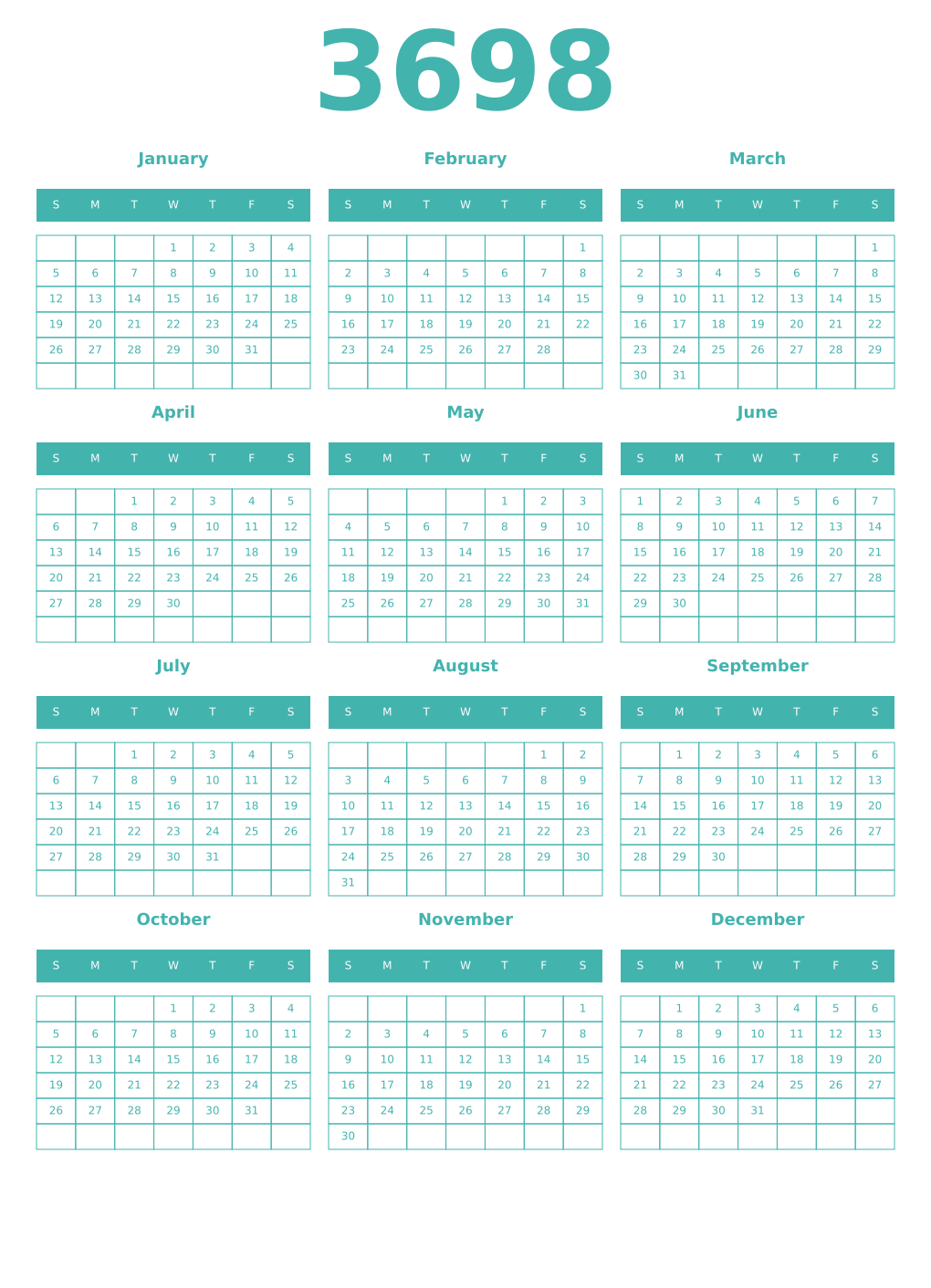Printable 3698 Year Calendars verdigris