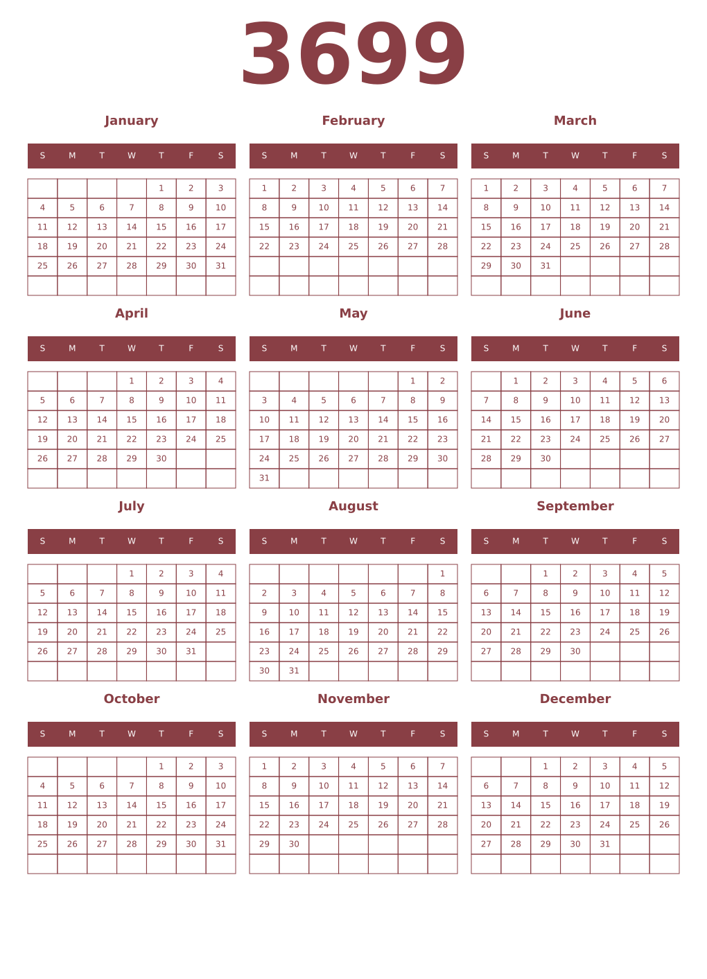 Printable 3699 Year Calendars cordovan