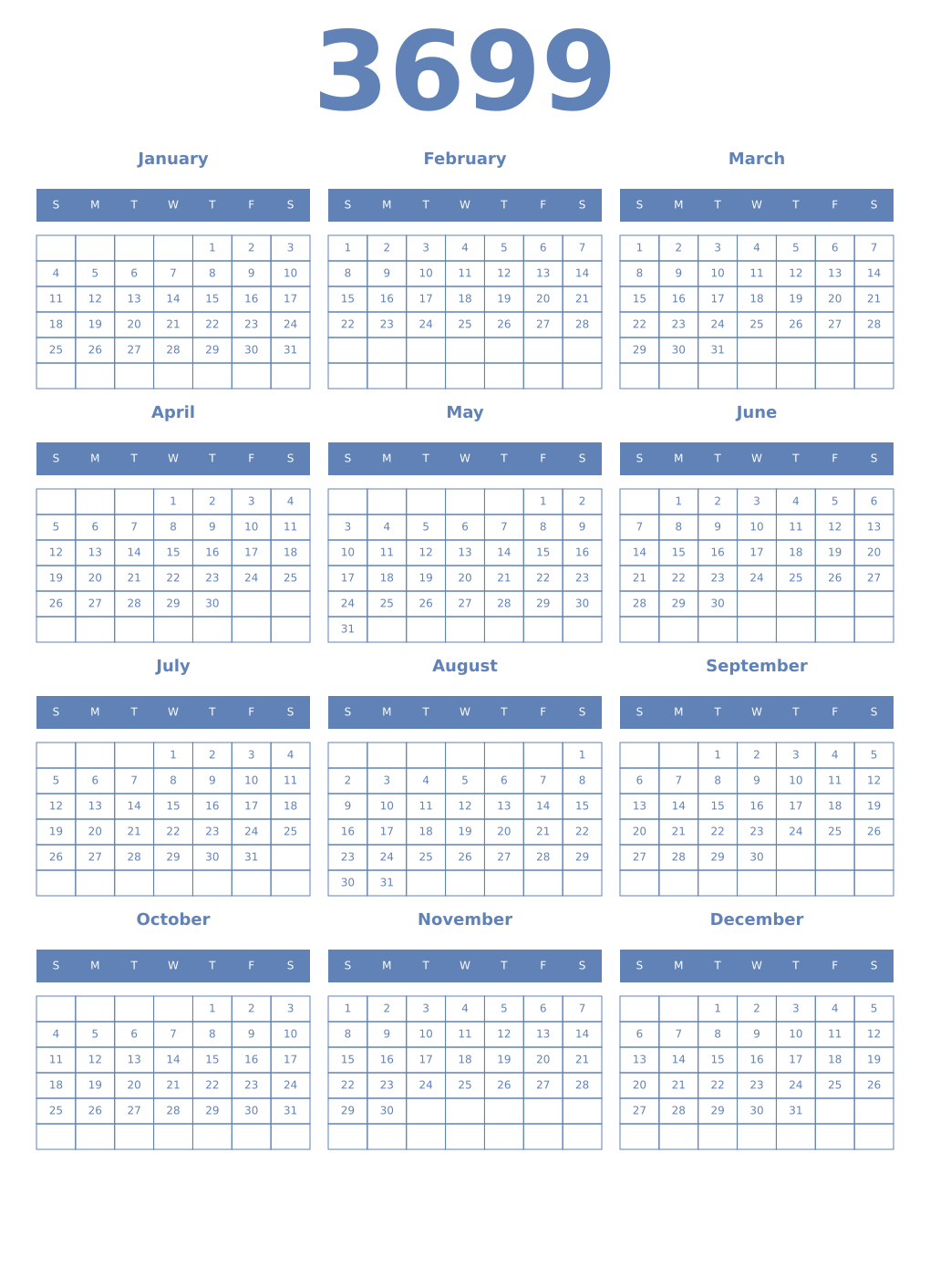 Printable 3699 Year Calendars glaucous