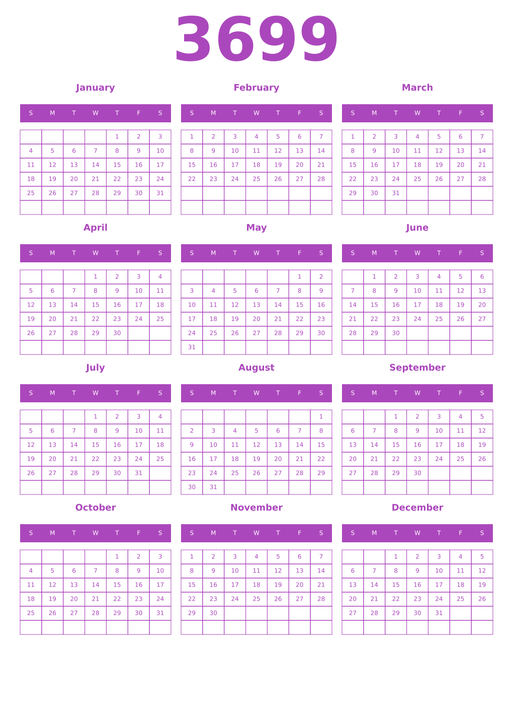 Printable 3699 Year Calendars purple