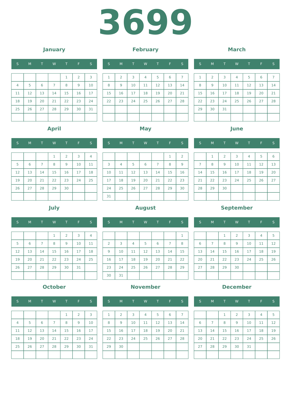 Printable 3699 Year Calendars viridian