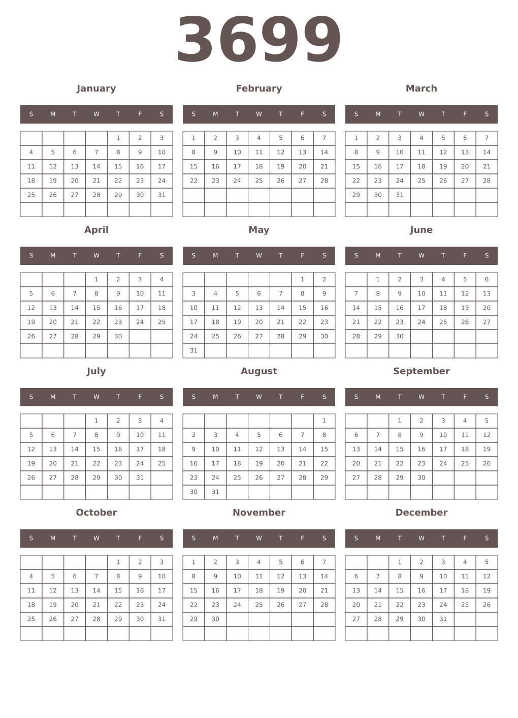 Printable 3699 Year Calendars wenge