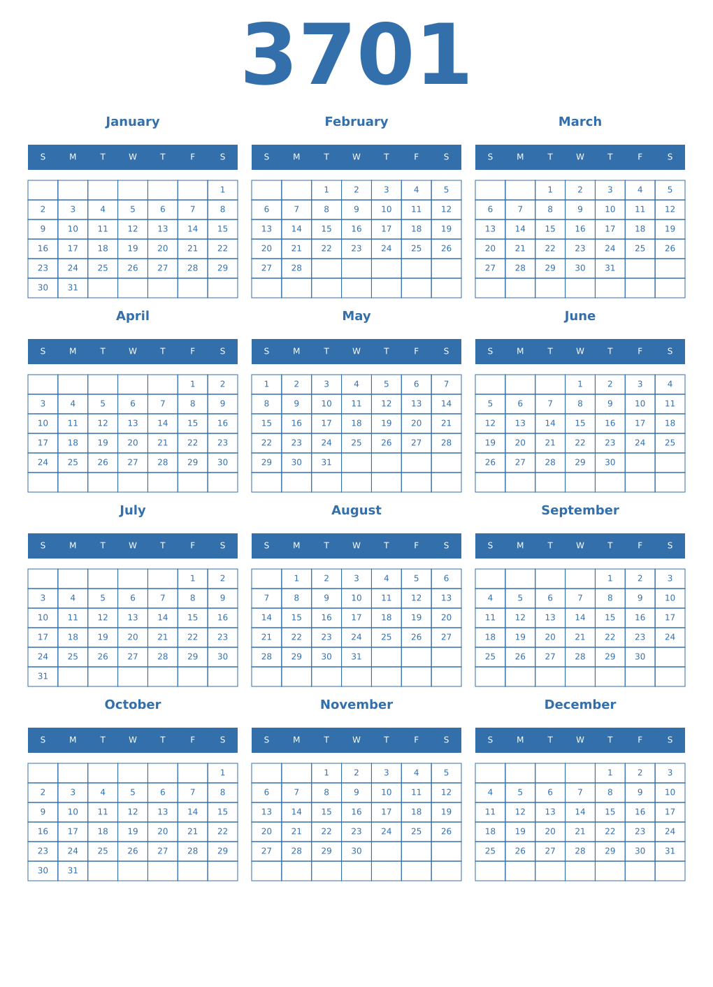 Printable 3701 Year Calendars blue