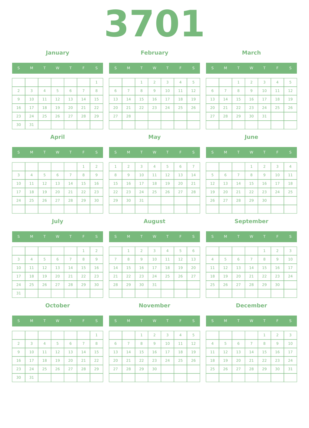 Printable 3701 Year Calendars celadon
