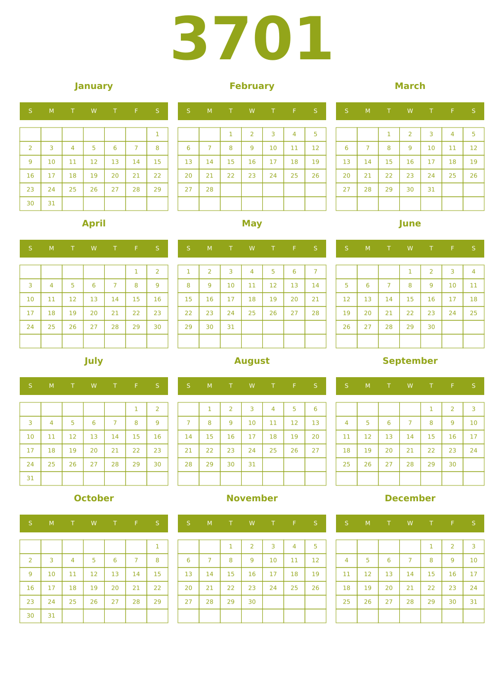 Printable 3701 Year Calendars chartreuse