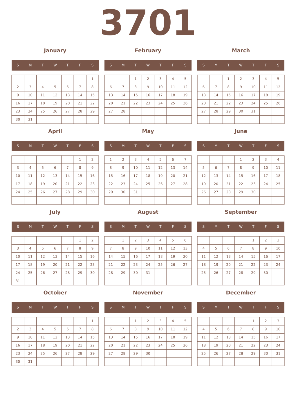 Printable 3701 Year Calendars coffe