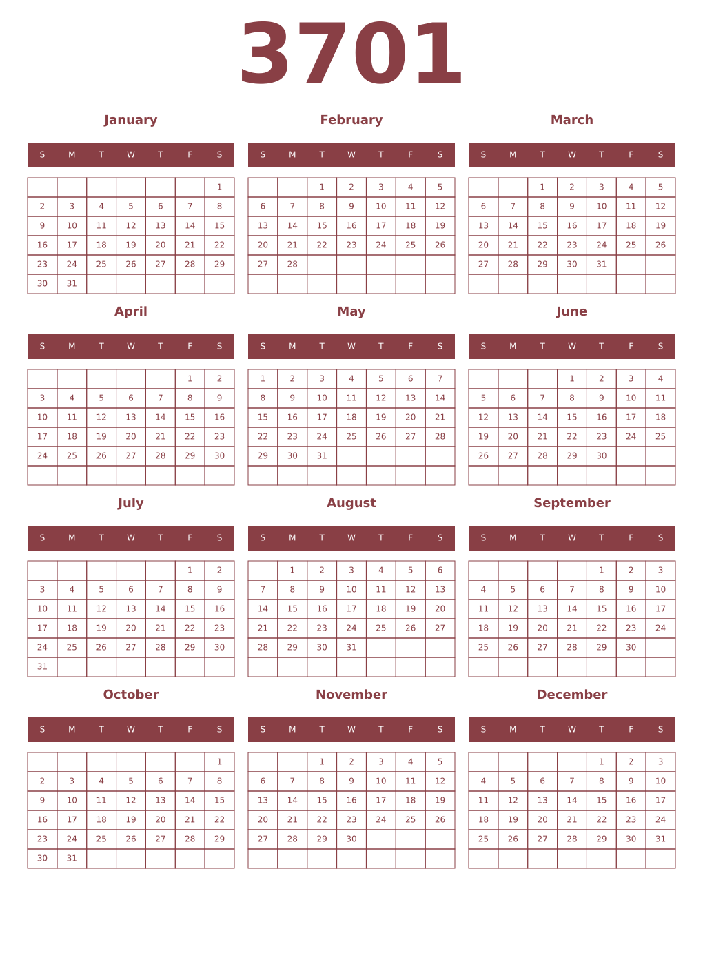 Printable 3701 Year Calendars cordovan