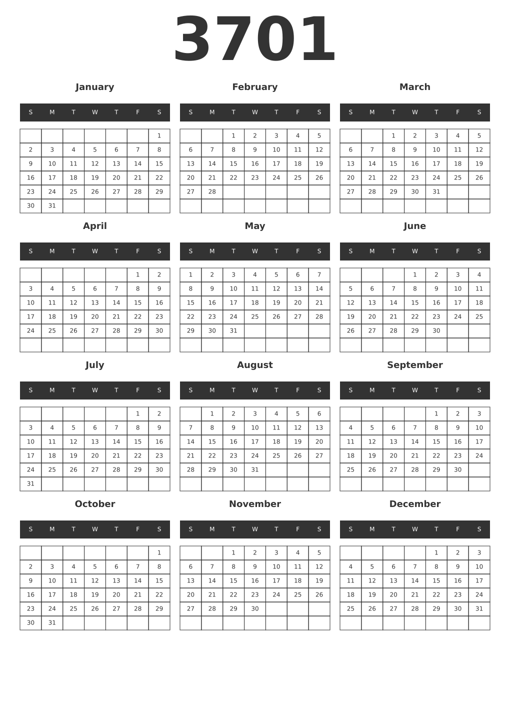 Printable 3701 Year Calendars dark