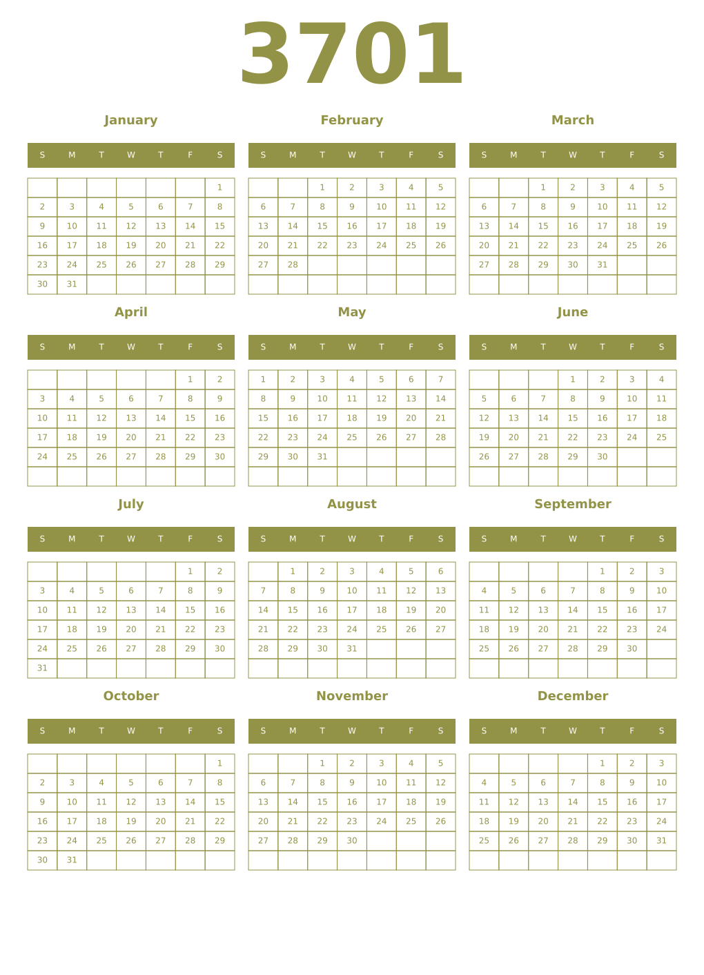 Printable 3701 Year Calendars eburnean