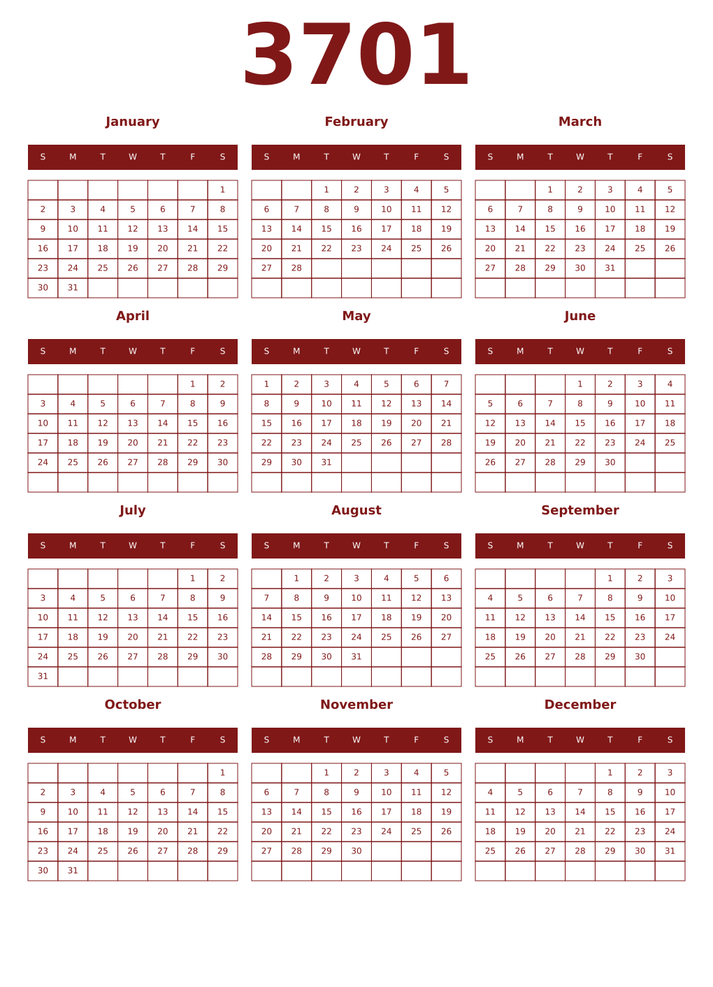 Printable 3701 Year Calendars falu