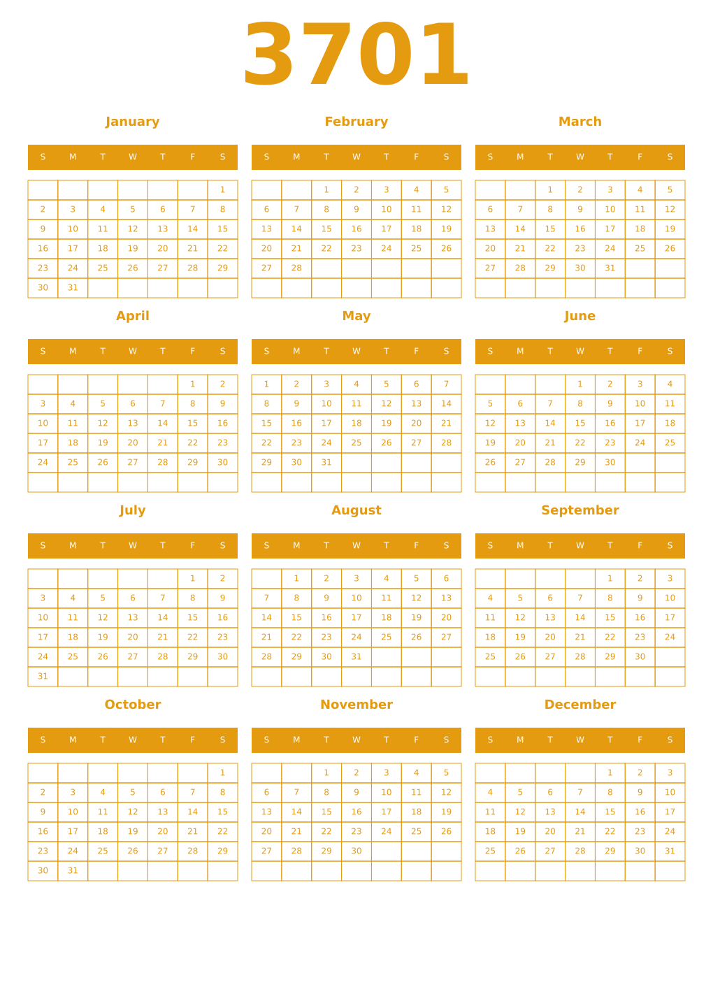 Printable 3701 Year Calendars gamboge