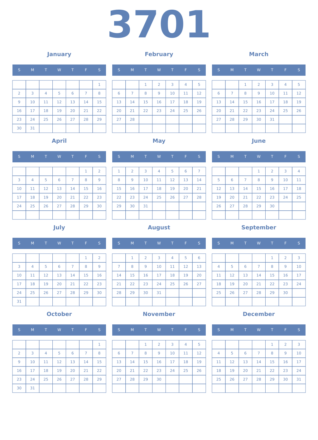 Printable 3701 Year Calendars glaucous