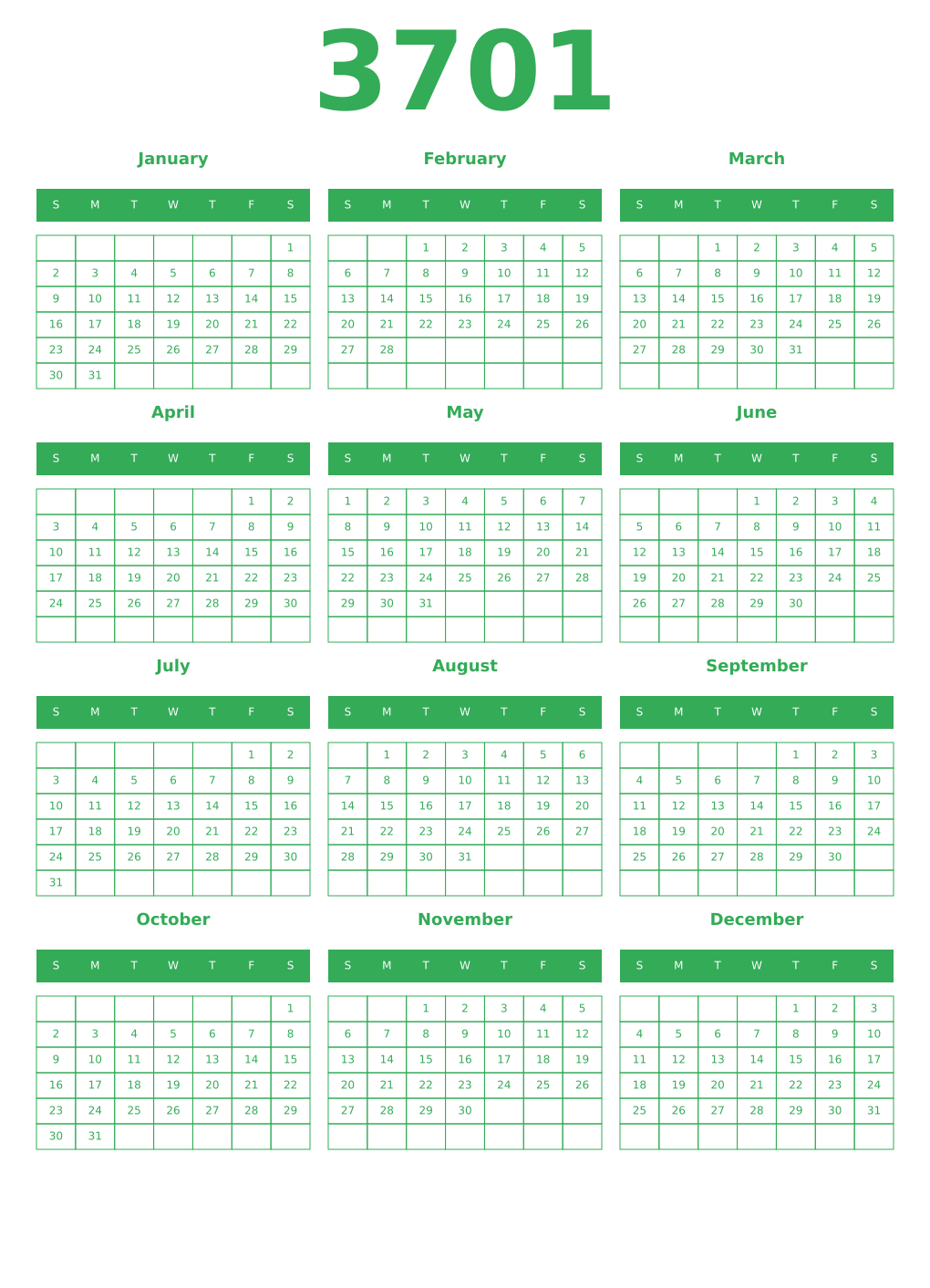 Printable 3701 Year Calendars green
