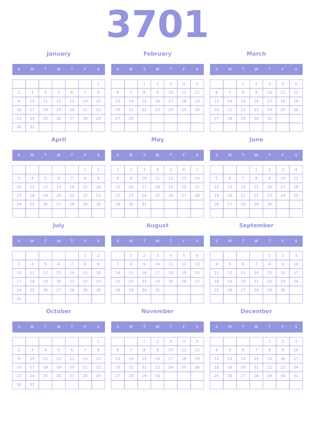 Printable 3701 Year Calendars periwinkle