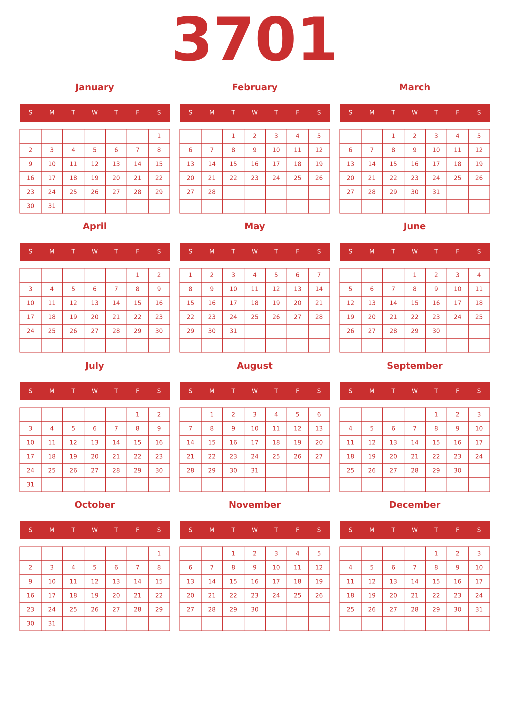 Printable 3701 Year Calendars red