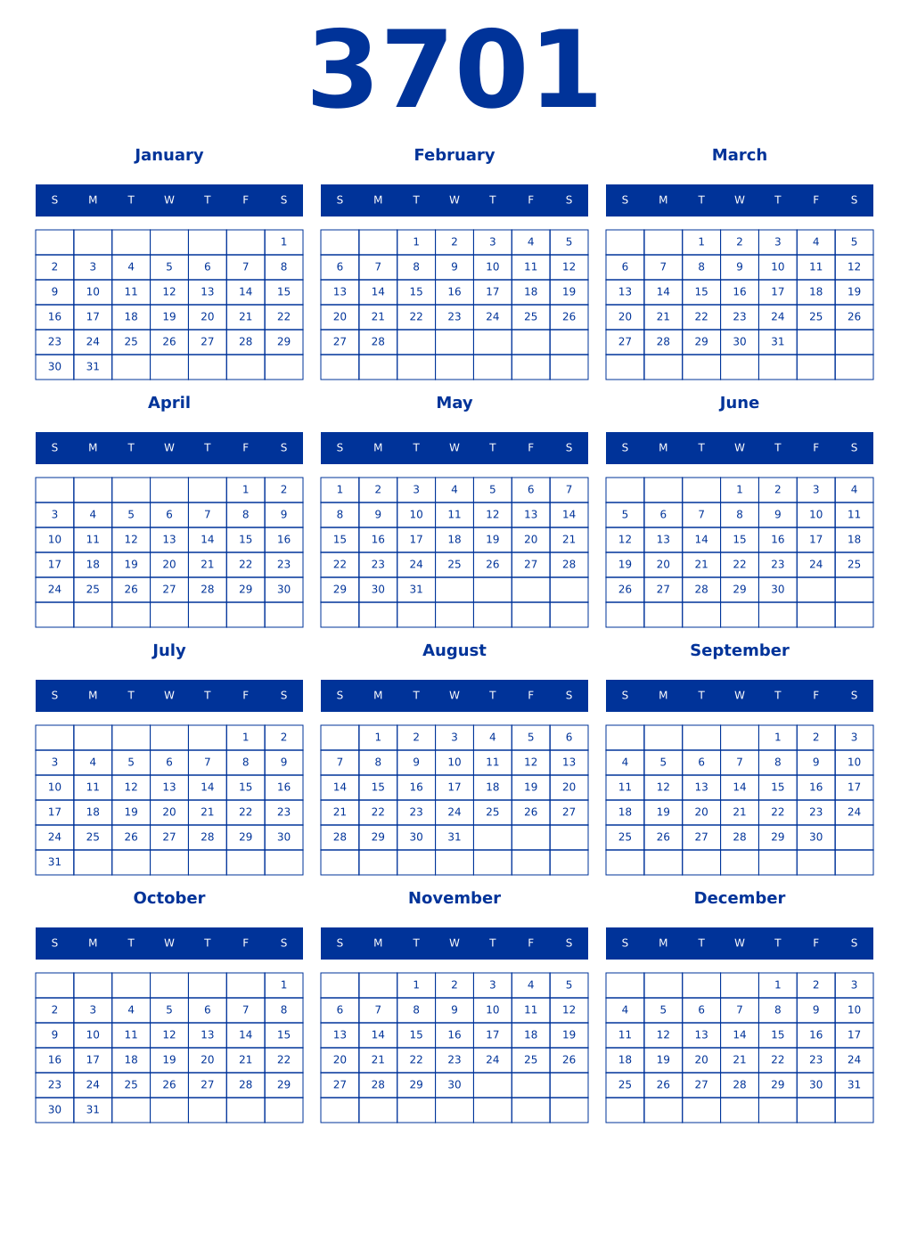 Printable 3701 Year Calendars smalt