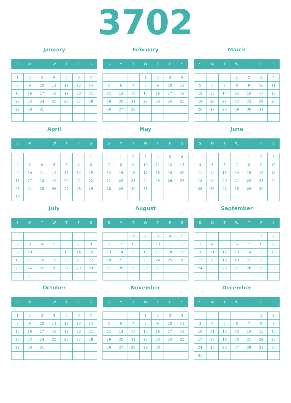 Printable 3702 Year Calendars verdigris