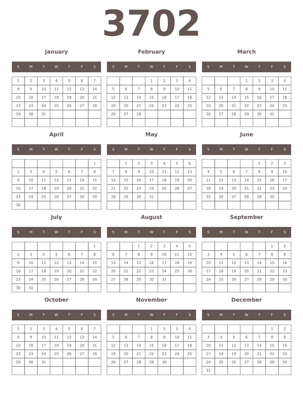 Printable 3702 Year Calendars wenge