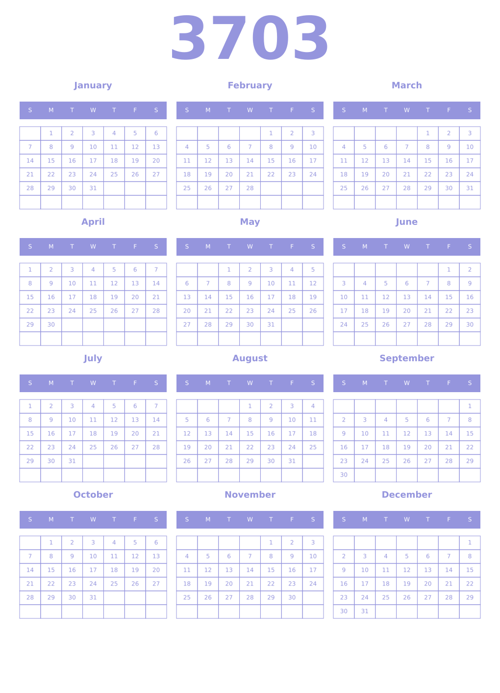 Printable 3703 Year Calendars periwinkle