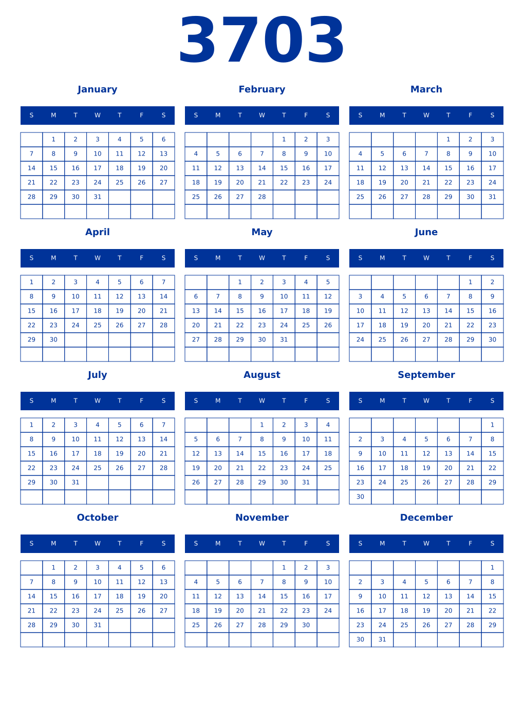 Printable 3703 Year Calendars smalt