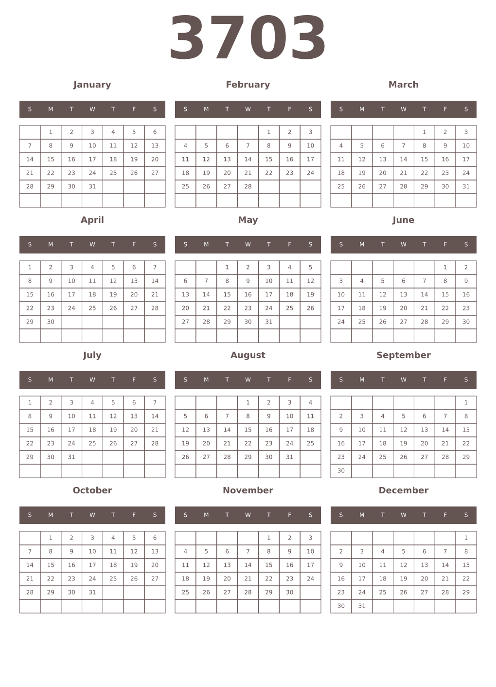Printable 3703 Year Calendars wenge