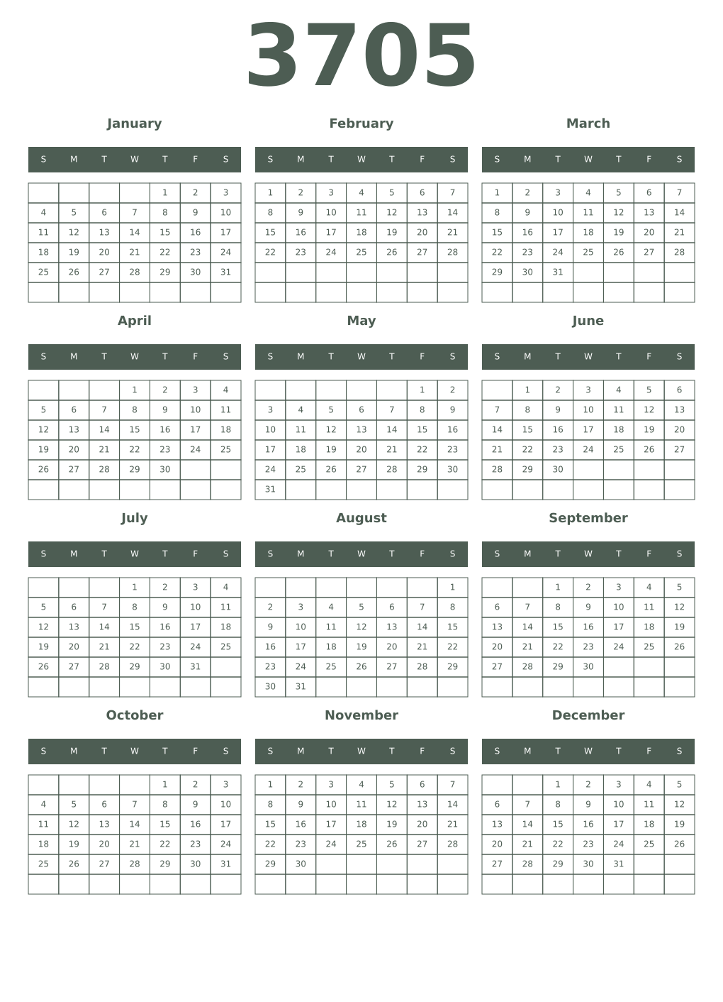 Printable 3705 Year Calendars feldgrau