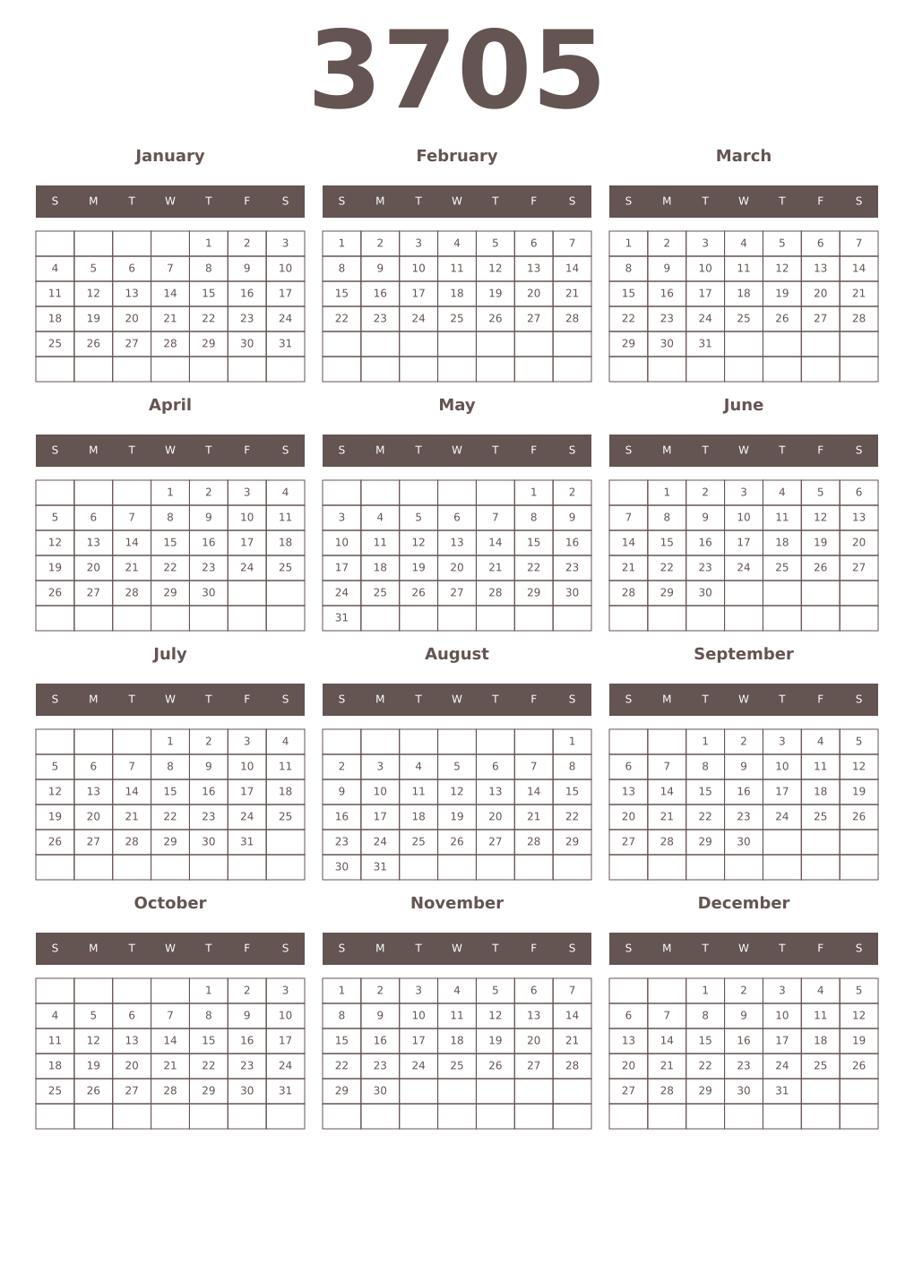 Printable 3705 Year Calendars wenge