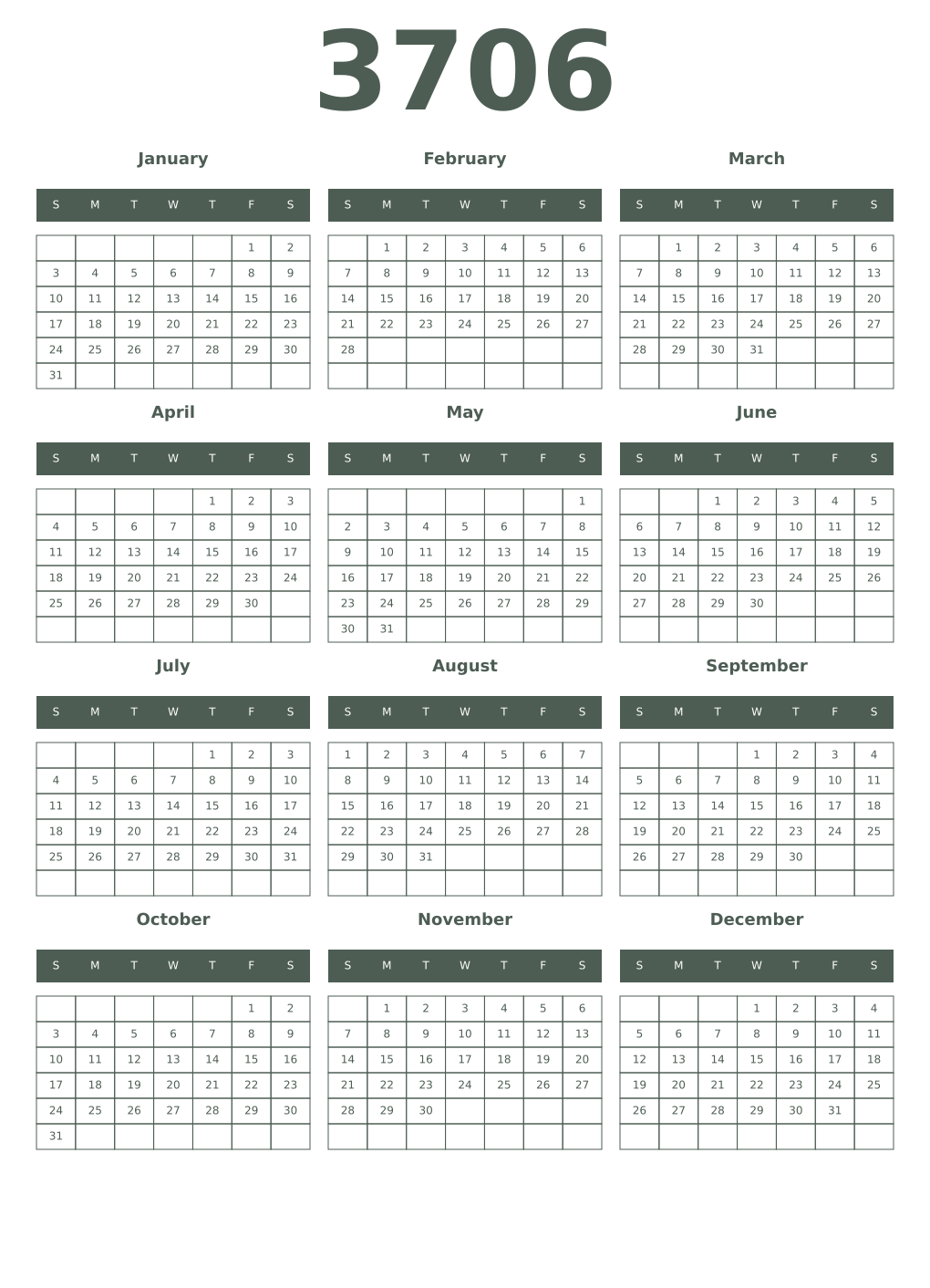 Printable 3706 Year Calendars feldgrau