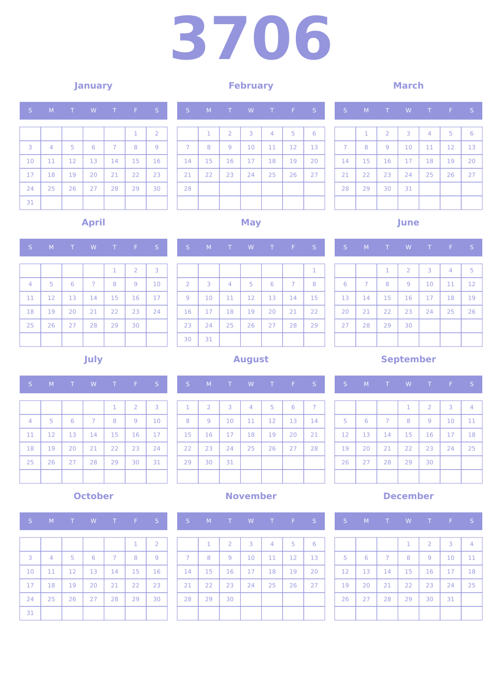 Printable 3706 Year Calendars periwinkle