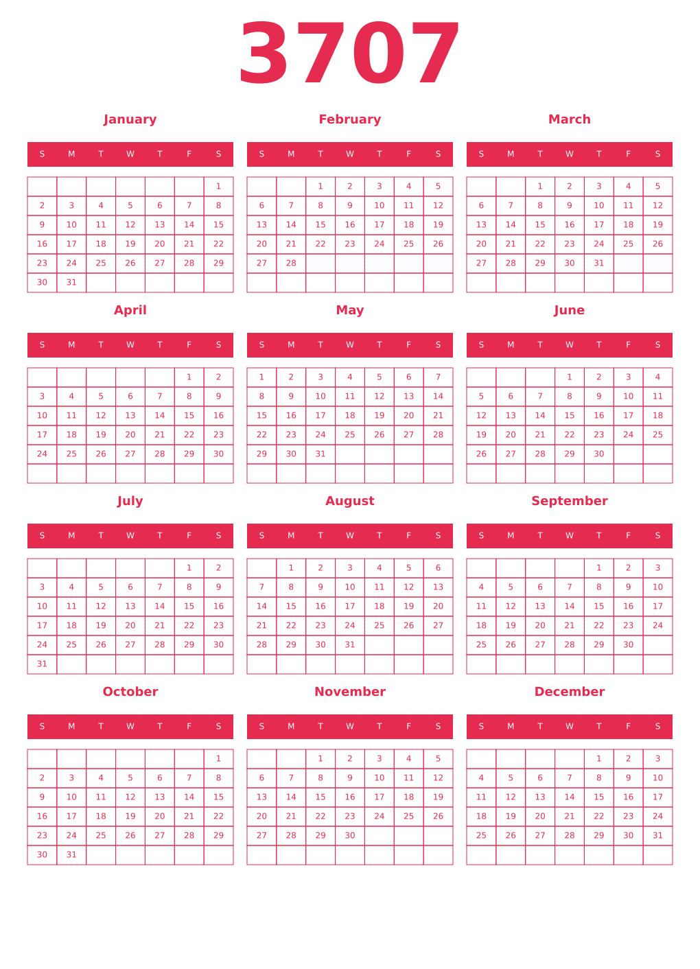 Printable 3707 Year Calendars amaranth