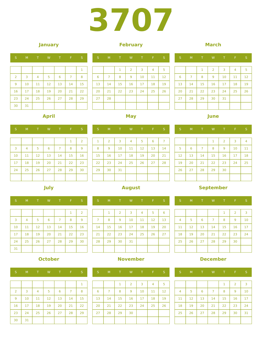 Printable 3707 Year Calendars chartreuse