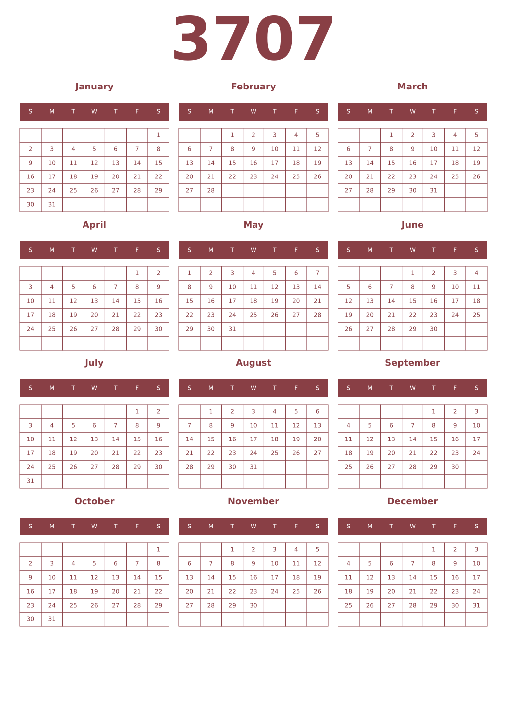 Printable 3707 Year Calendars cordovan