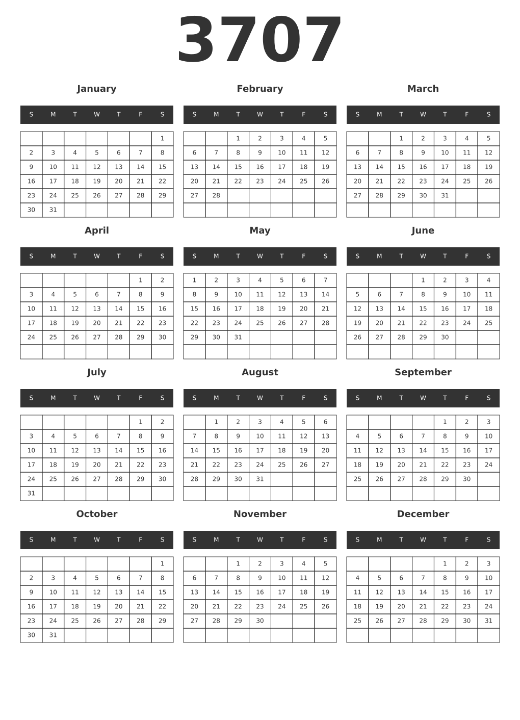 Printable 3707 Year Calendars dark