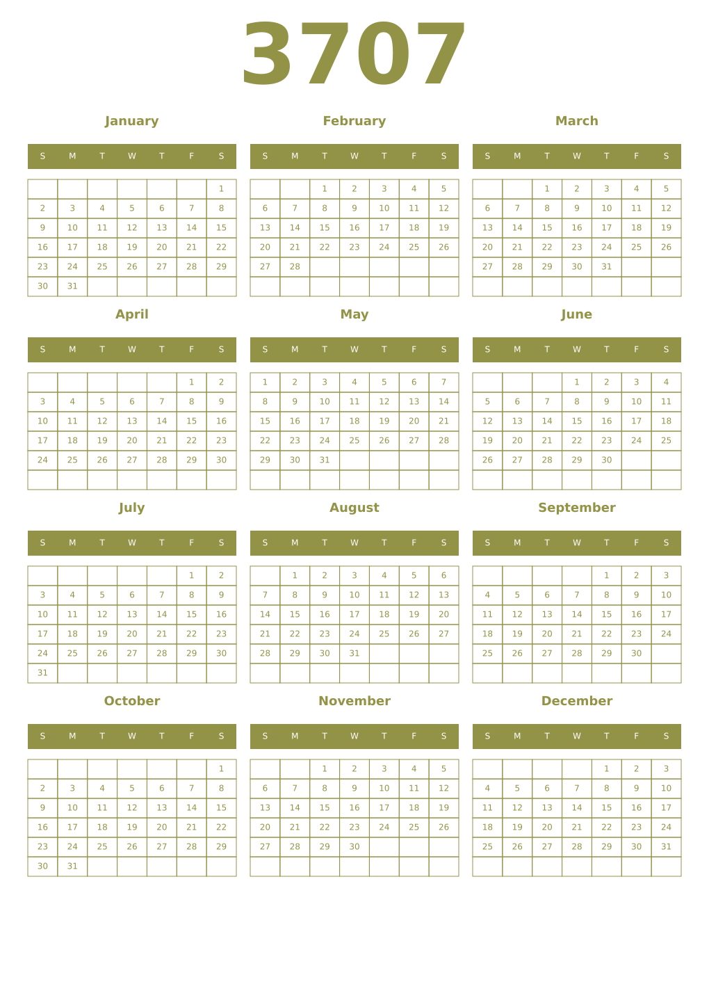 Printable 3707 Year Calendars eburnean