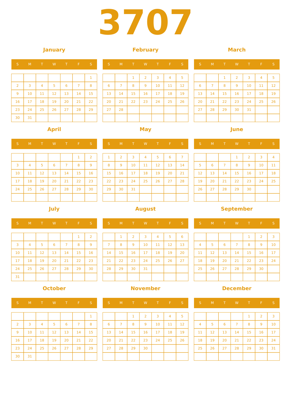 Printable 3707 Year Calendars gamboge