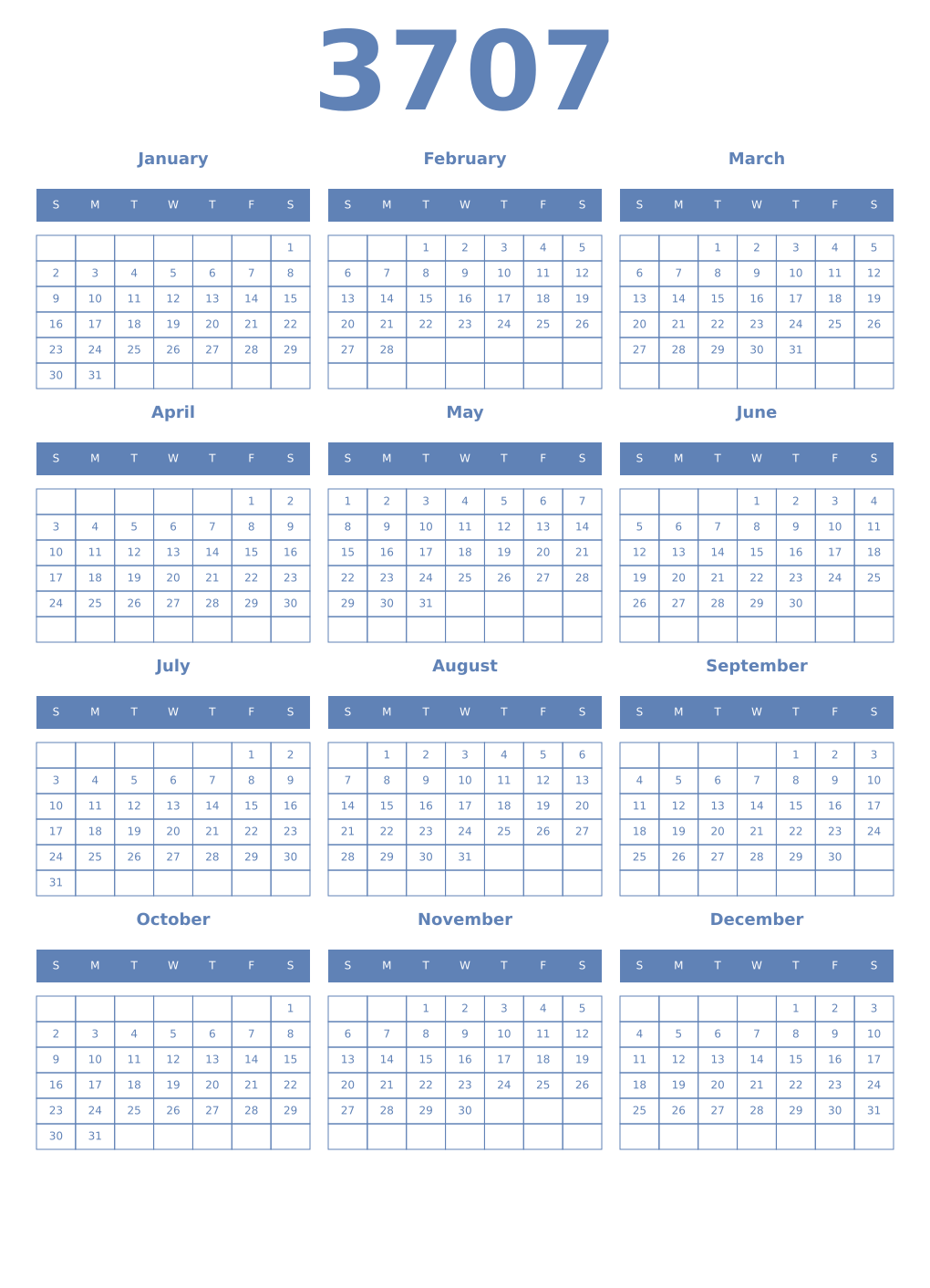 Printable 3707 Year Calendars glaucous